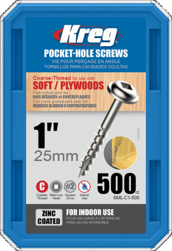 Kreg Zinc Coated Pocket Hole Screw 25mm (1'') Coarse Thread Trade Pack (500)
